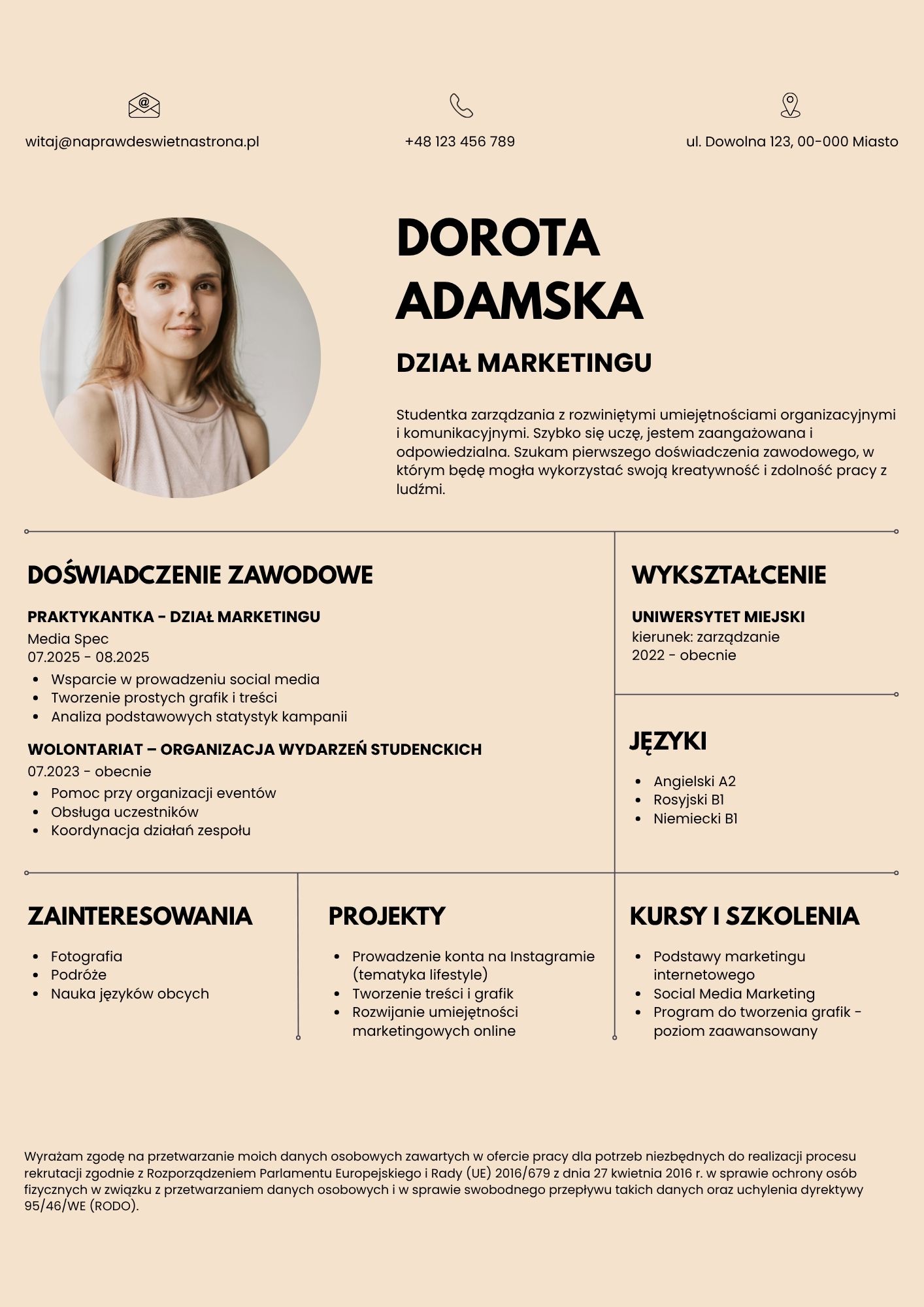 Darmowy szablon CV Canva dla branży marketingu