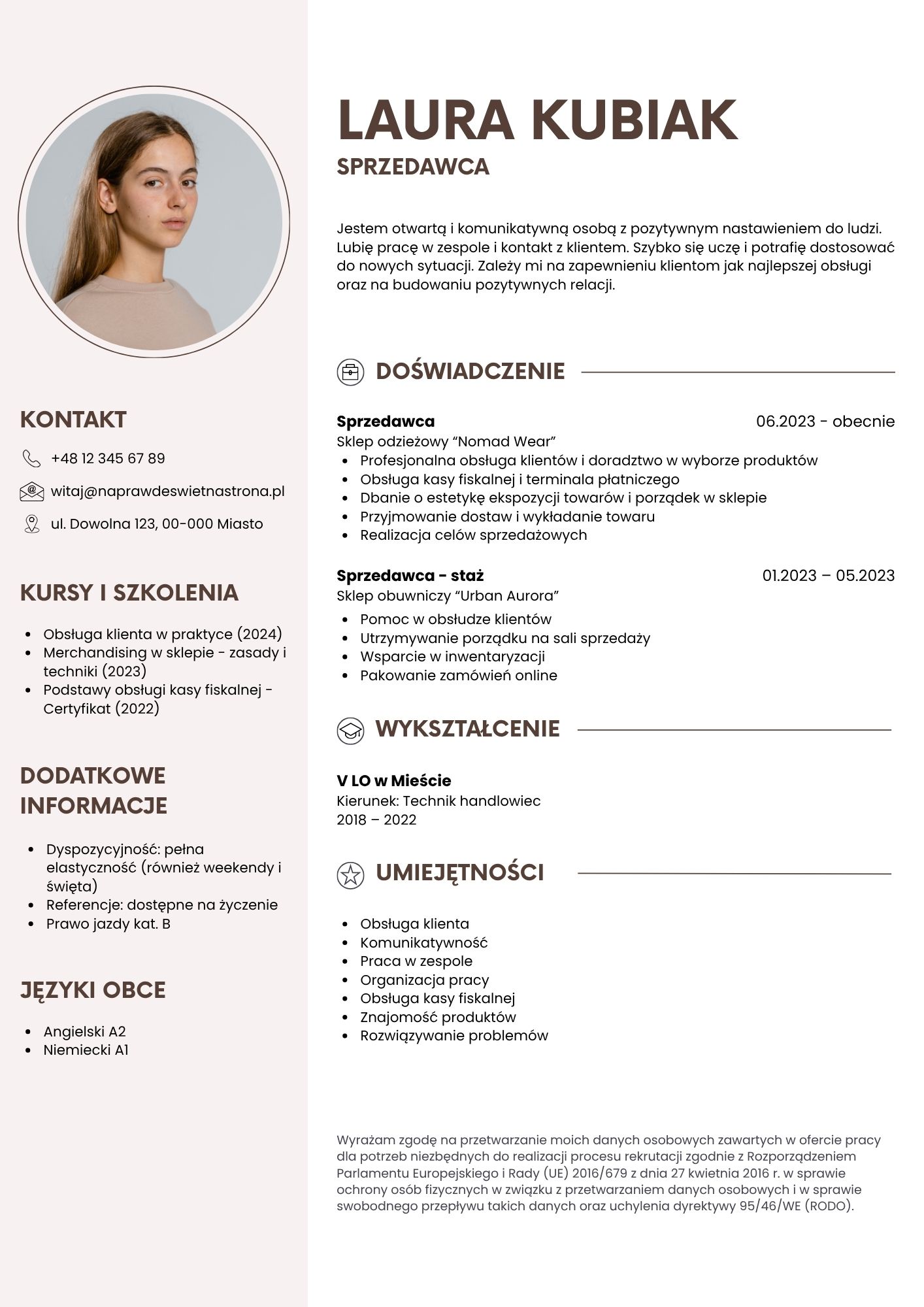 Szablon CV sprzedawcy w Canvie - wersja beżowo-biała