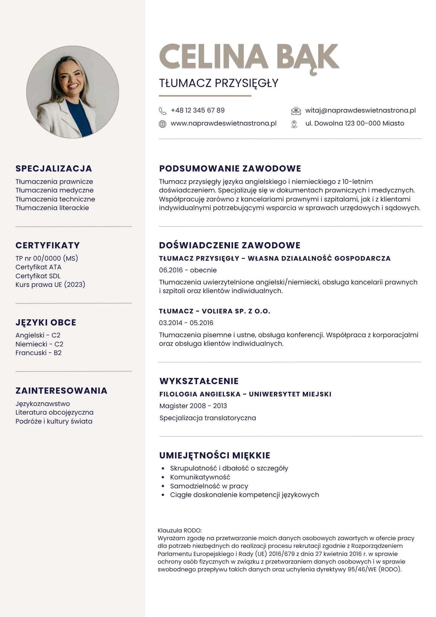 Szablon CV tłumacza w Canvie - wersja beżowo-biała