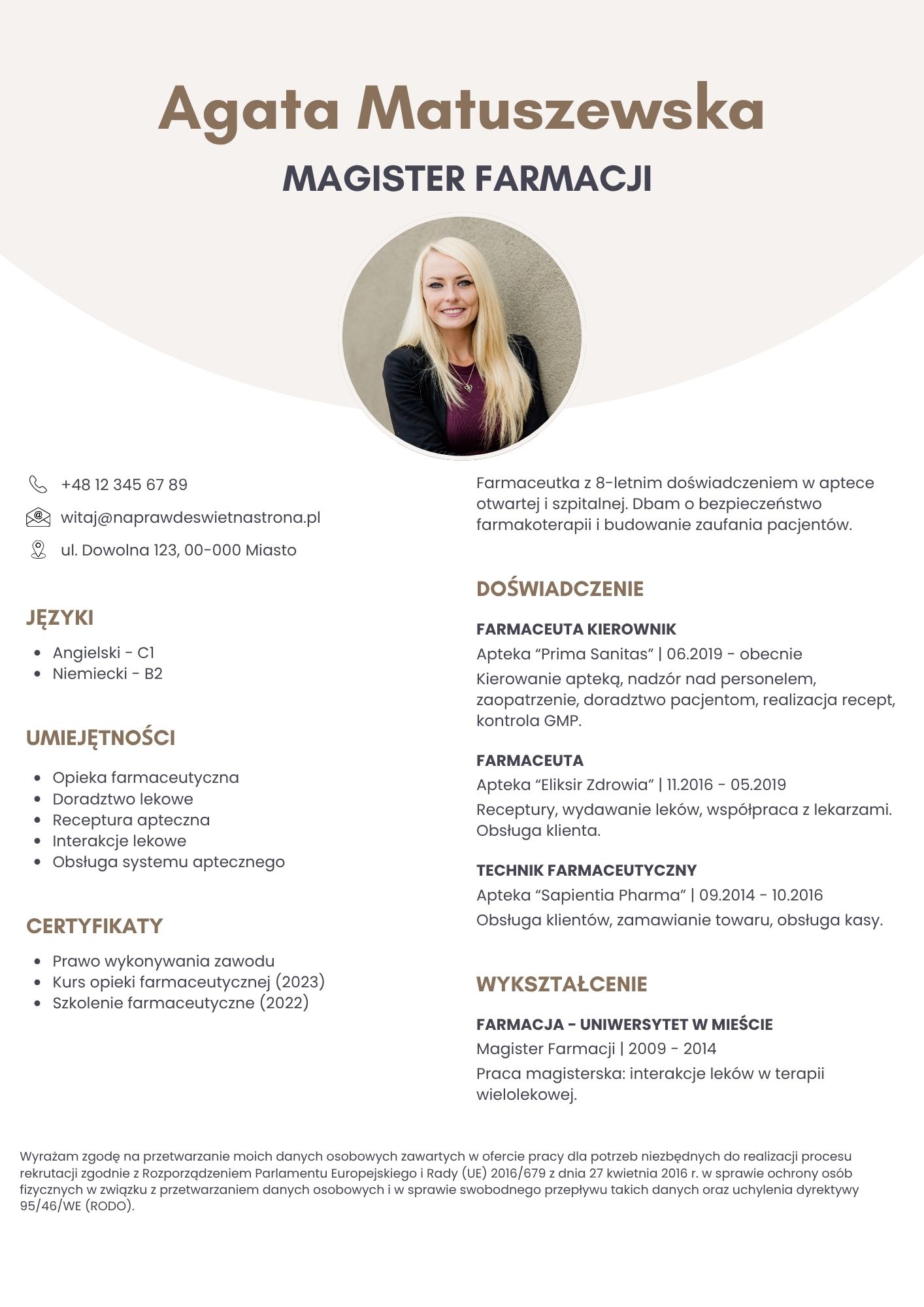 Darmowy szablon CV Canva dla farmaceuty