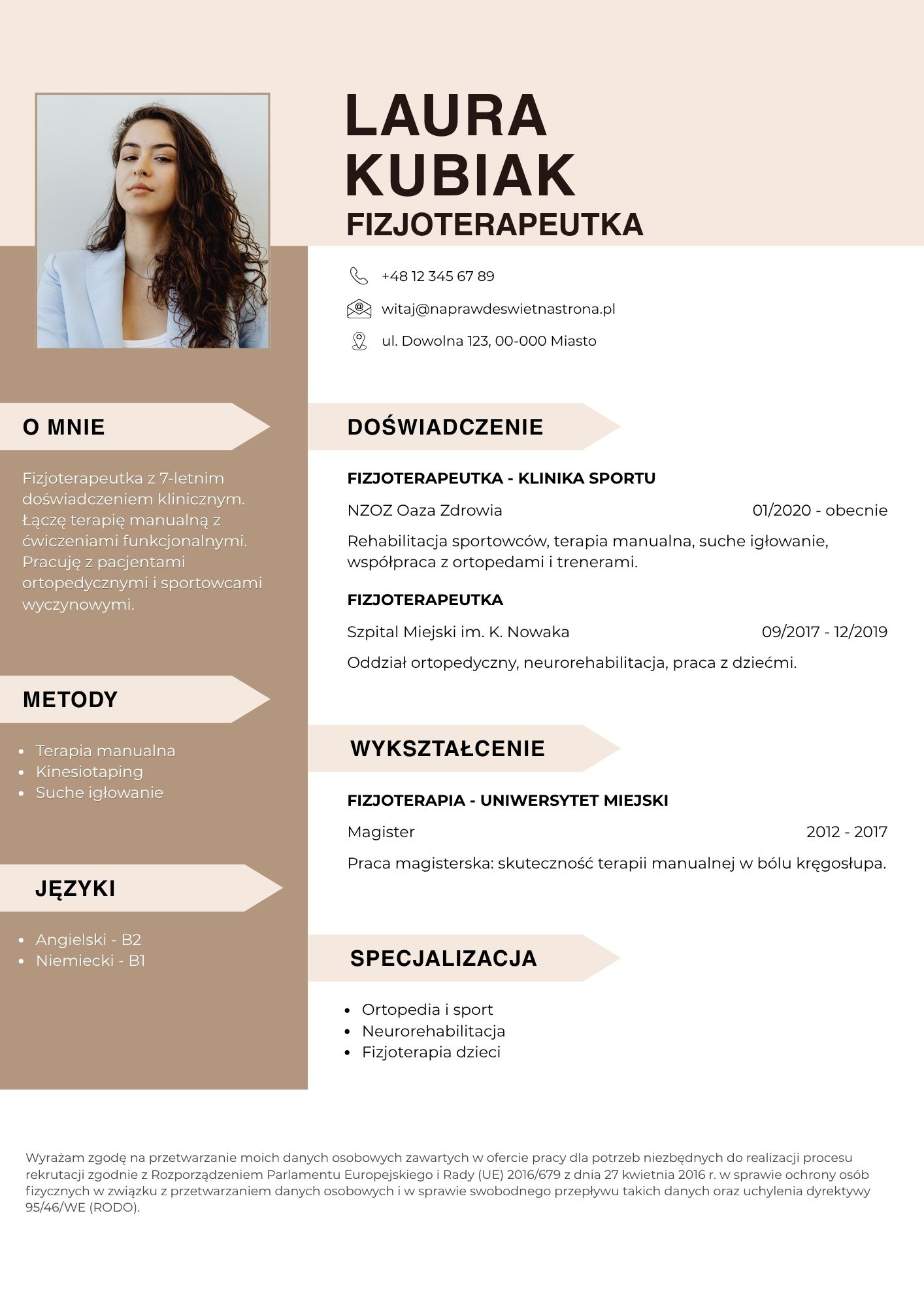 Darmowy szablon CV Canva dla fizjoterapeuty