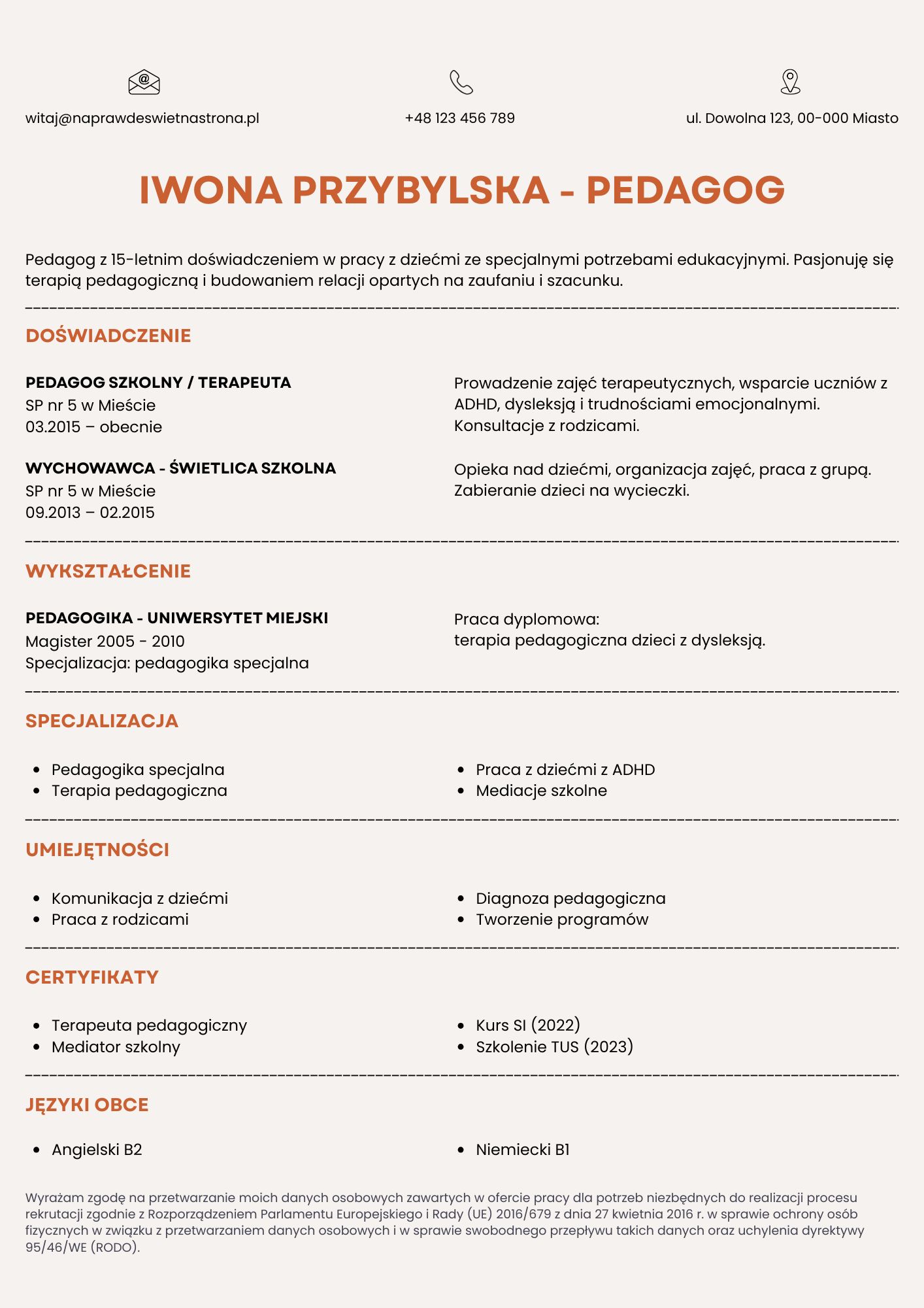 Darmowy szablon CV Canva dla pedagoga