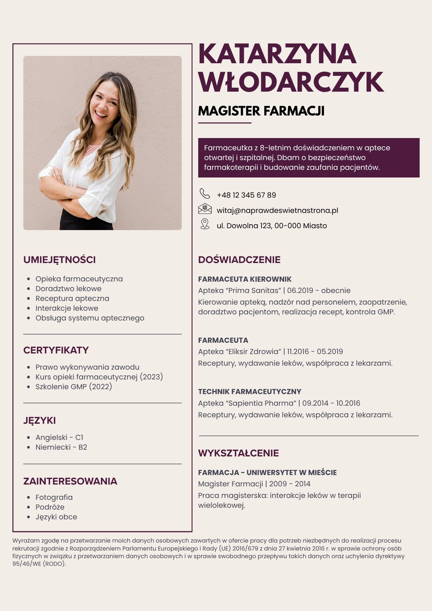 Darmowy szablon CV Canva dla farmaceuty