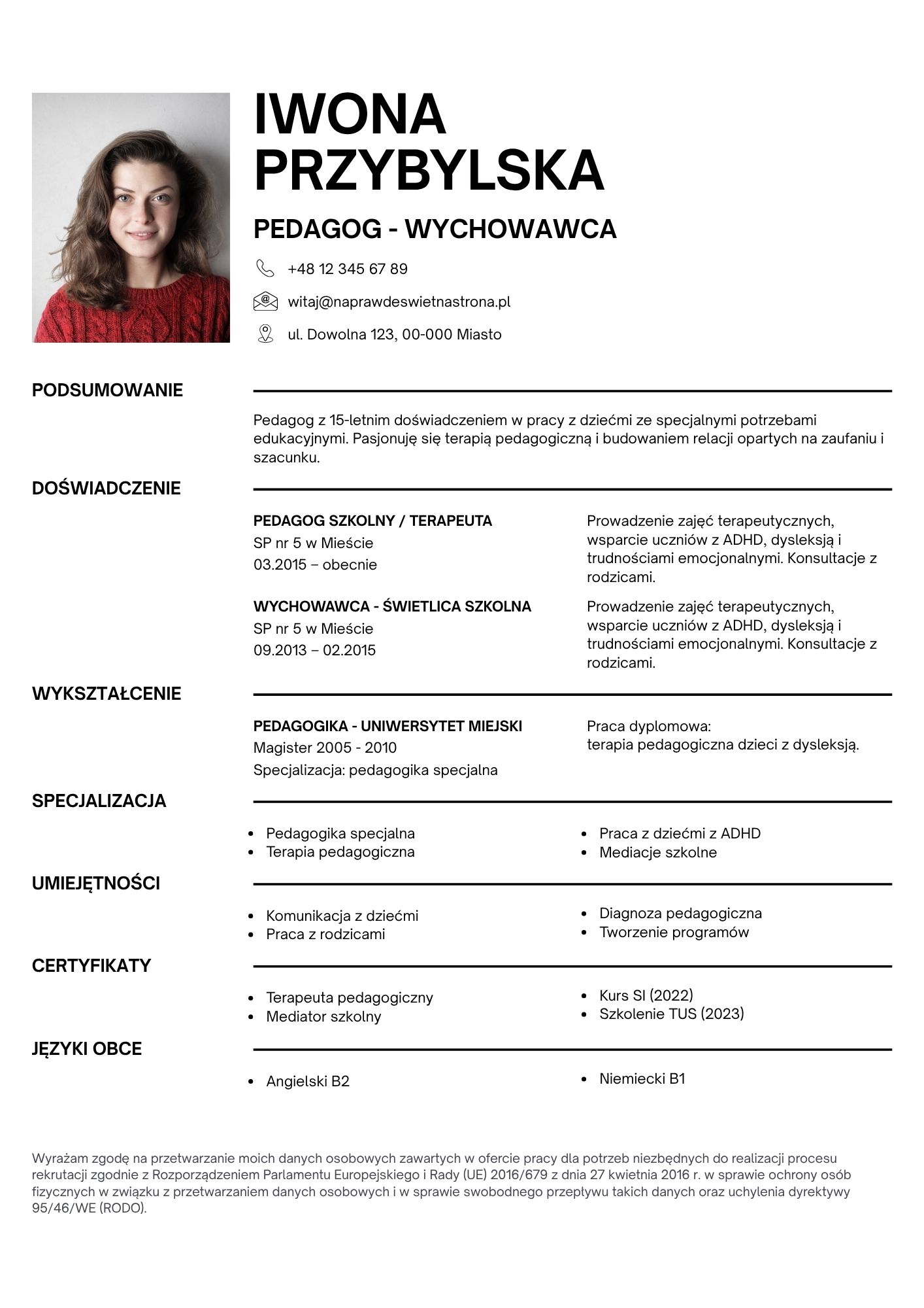 Darmowy szablon CV Canva dla pedagoga wychowawcy