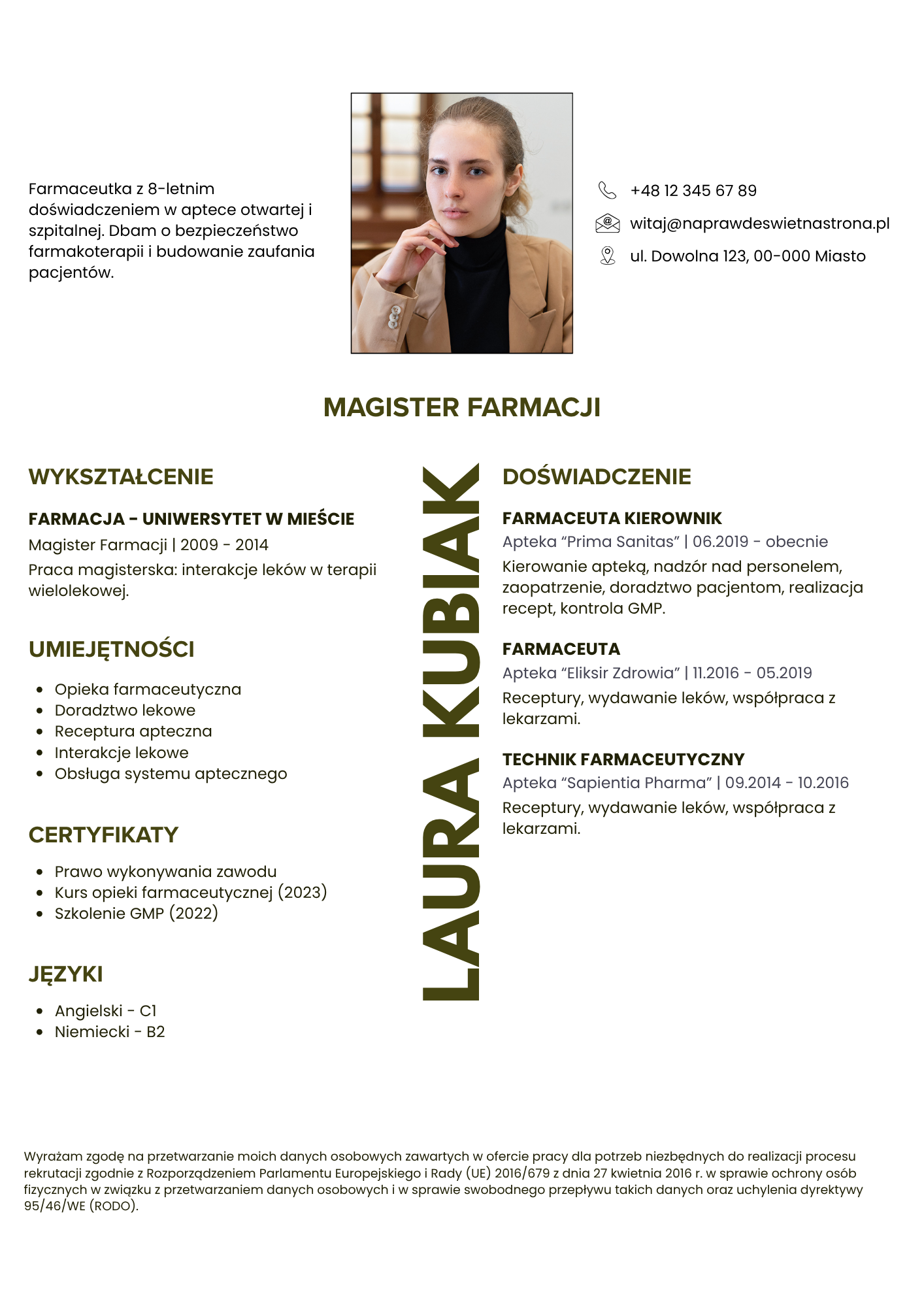 Darmowy szablon CV Canva dla farmaceuty