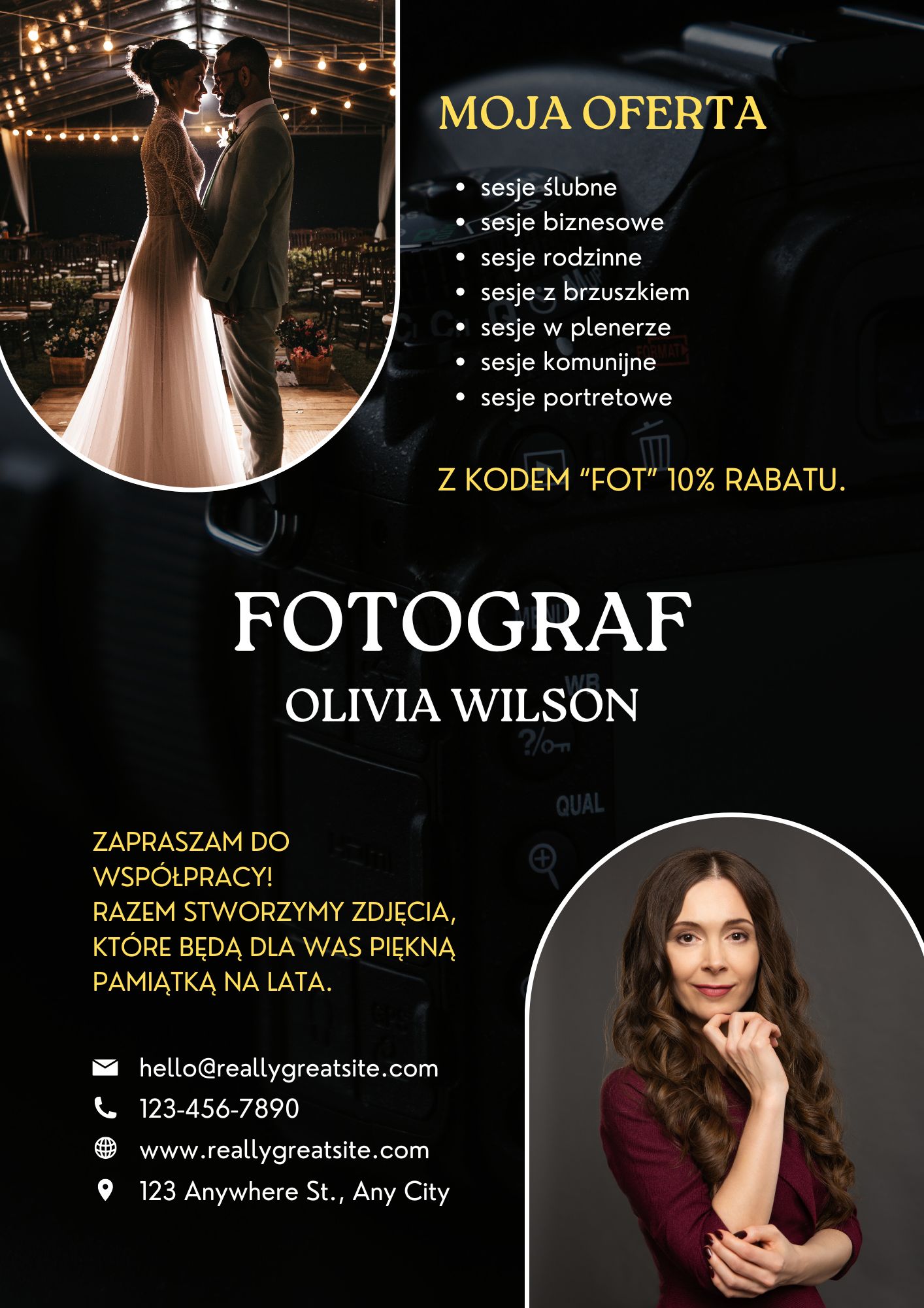 Szablon ulotki dla fotografa w Canvie - wersja czarno-żółta