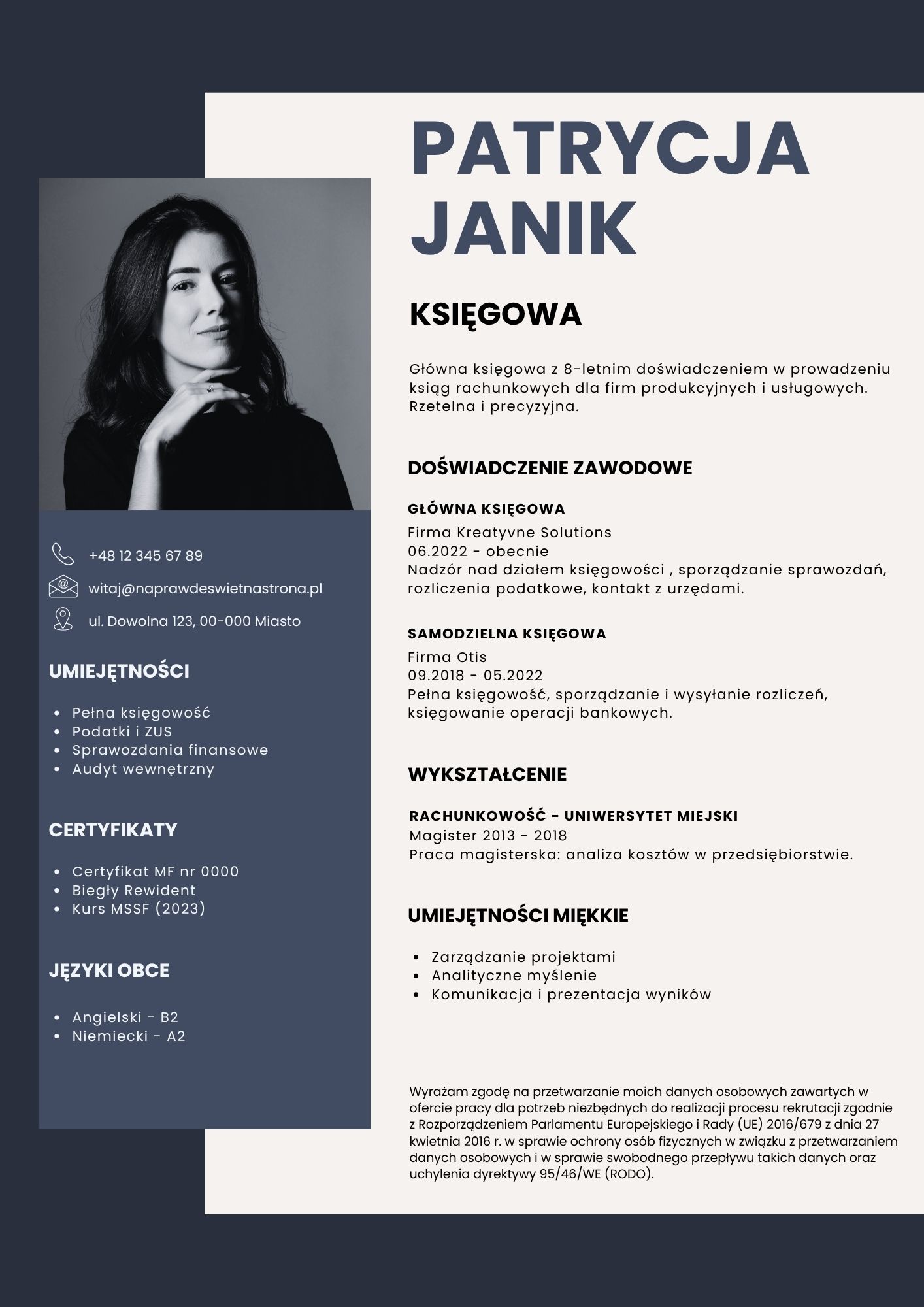 Darmowy szablon CV Canva dla księgowej