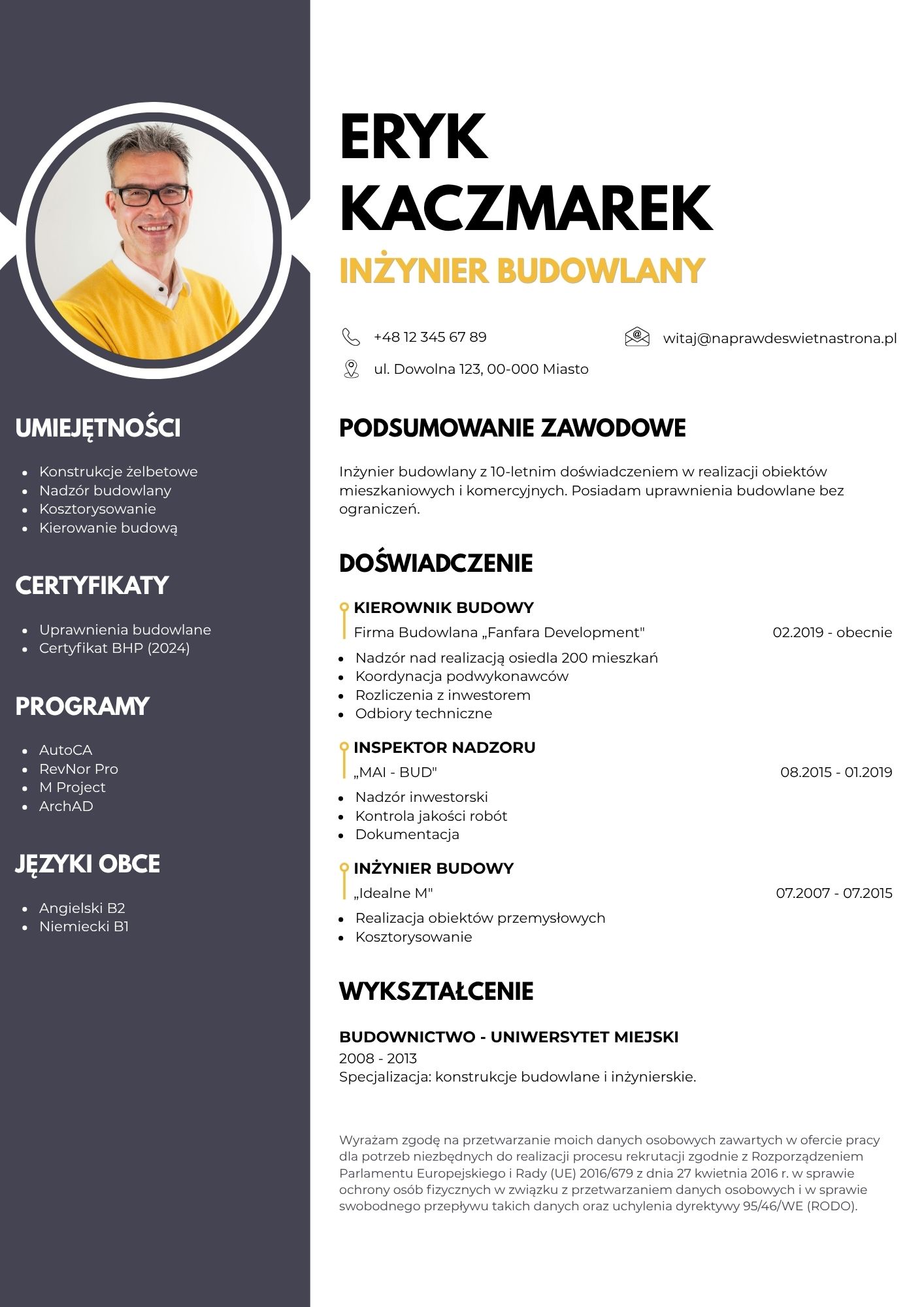 Szablon CV inżyniera budowlanego w Canvie - wersja granatowo-żółta