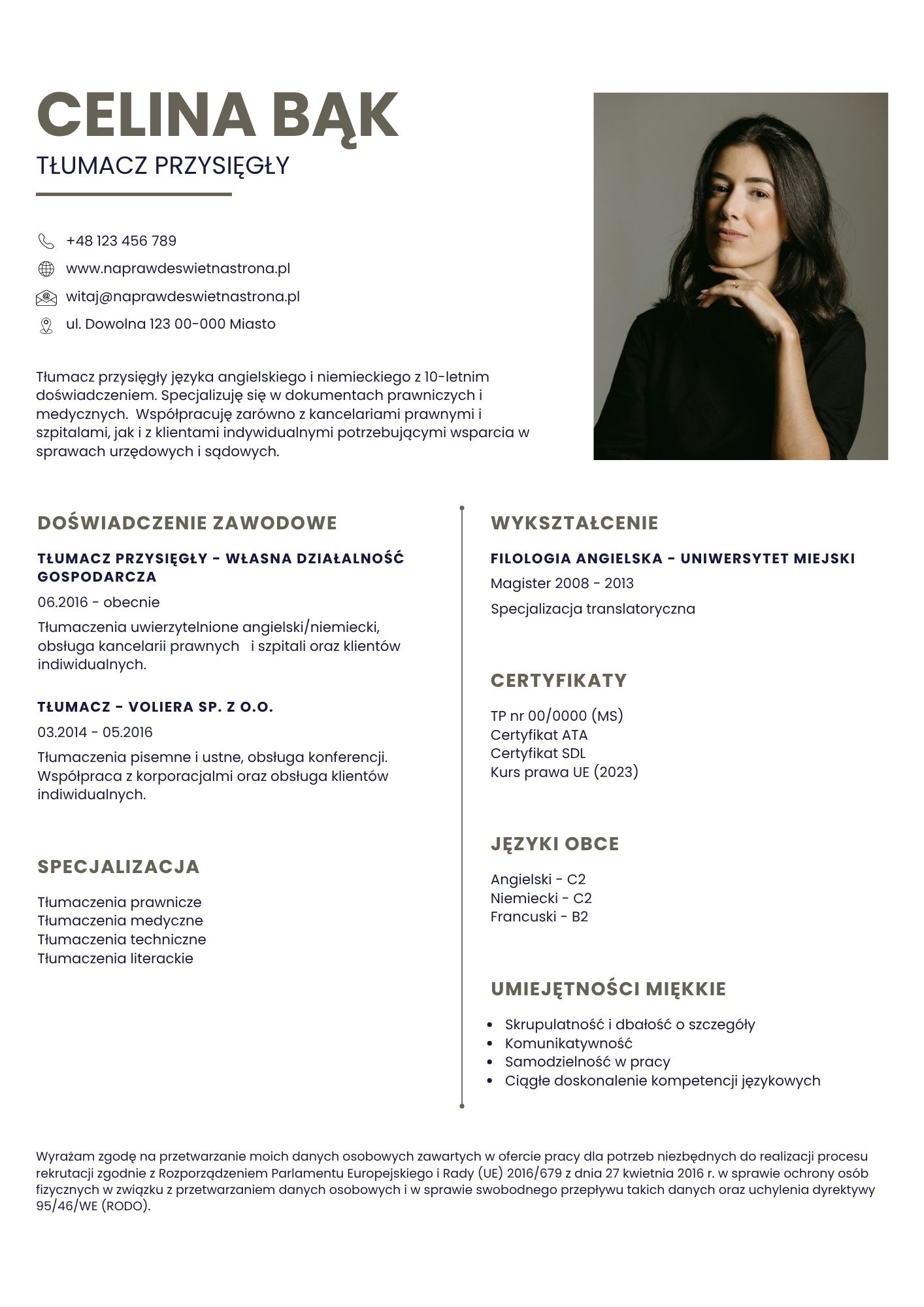 Szablon CV tłumacza w Canvie - wersja oliwkowo-biała