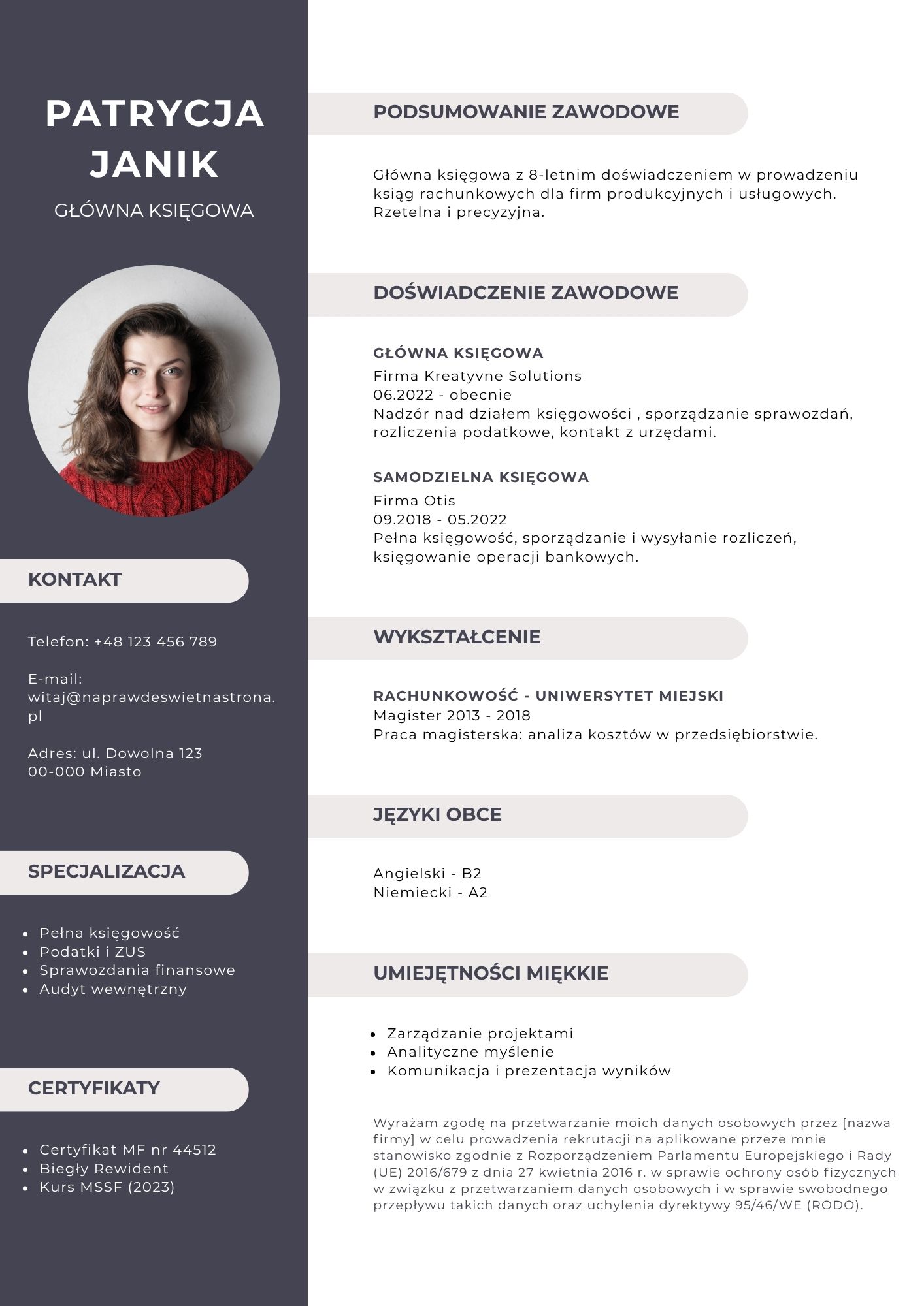 Darmowy szablon CV Canva dla księgowej