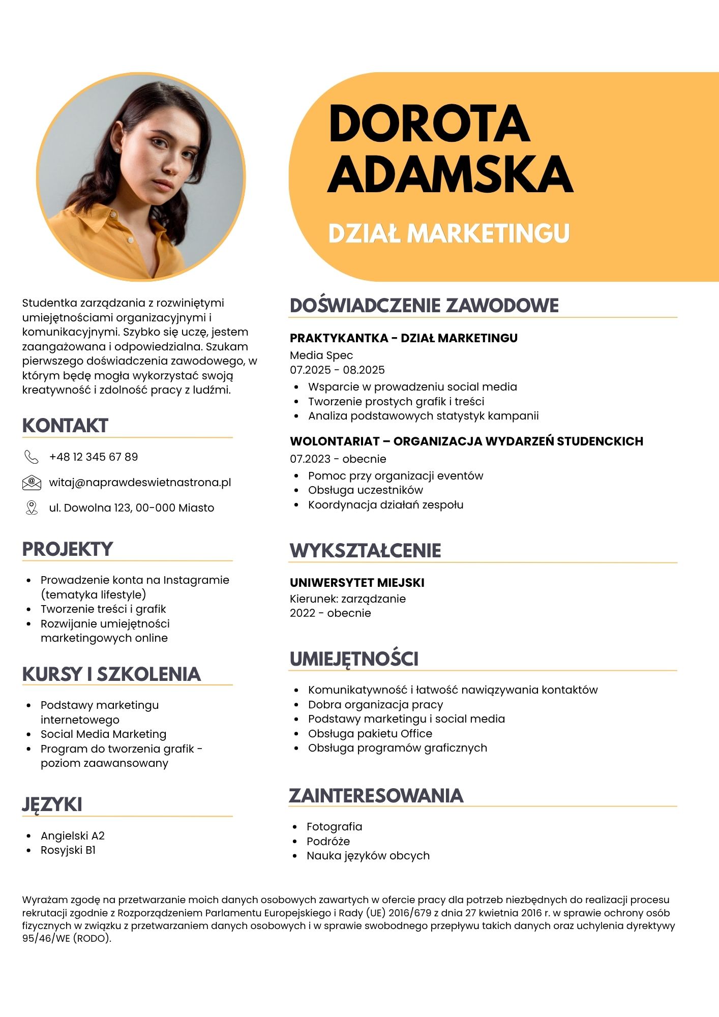 Darmowy szablon CV Canva dla branży marketingu