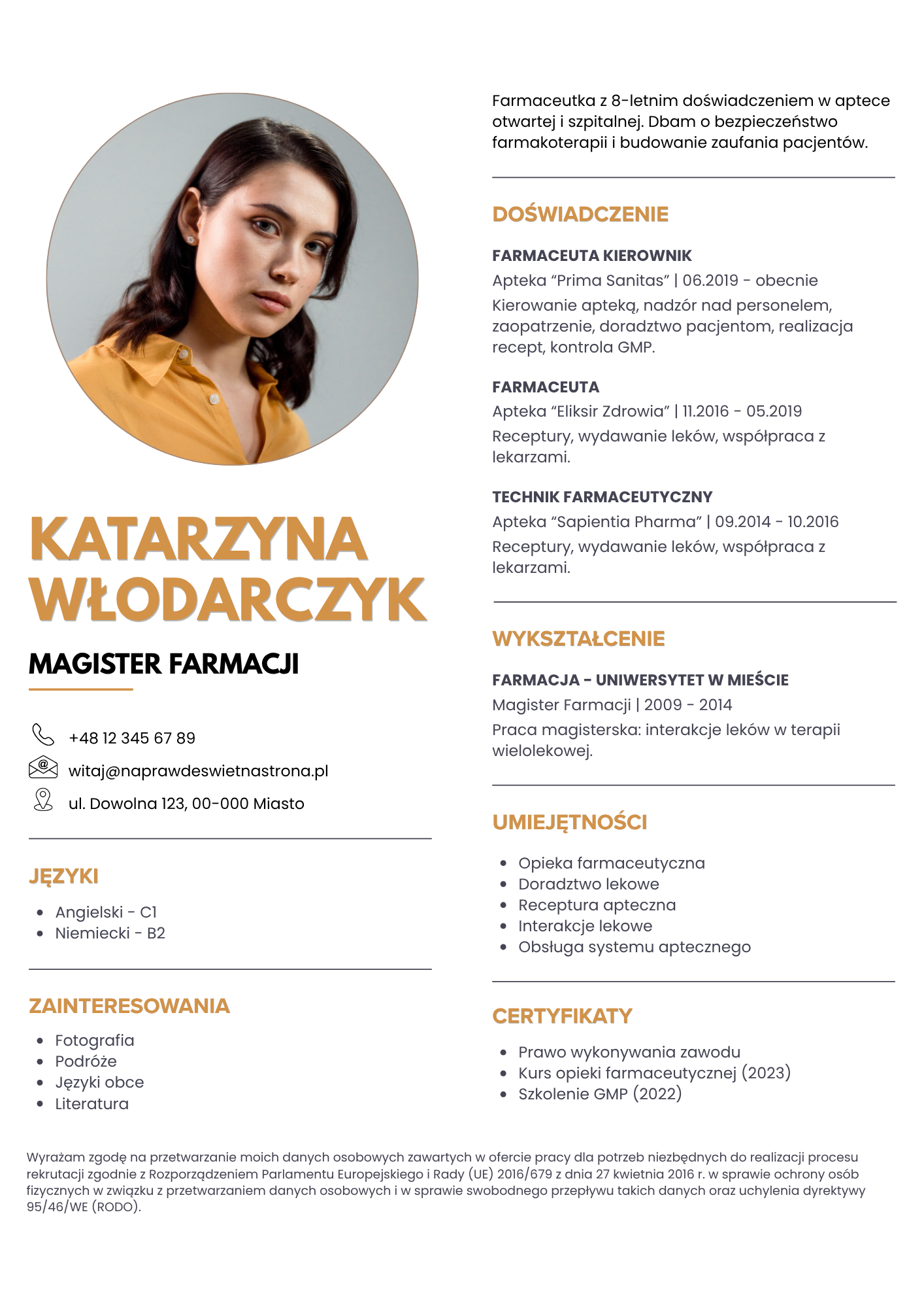 Darmowy szablon CV Canva dla farmaceuty