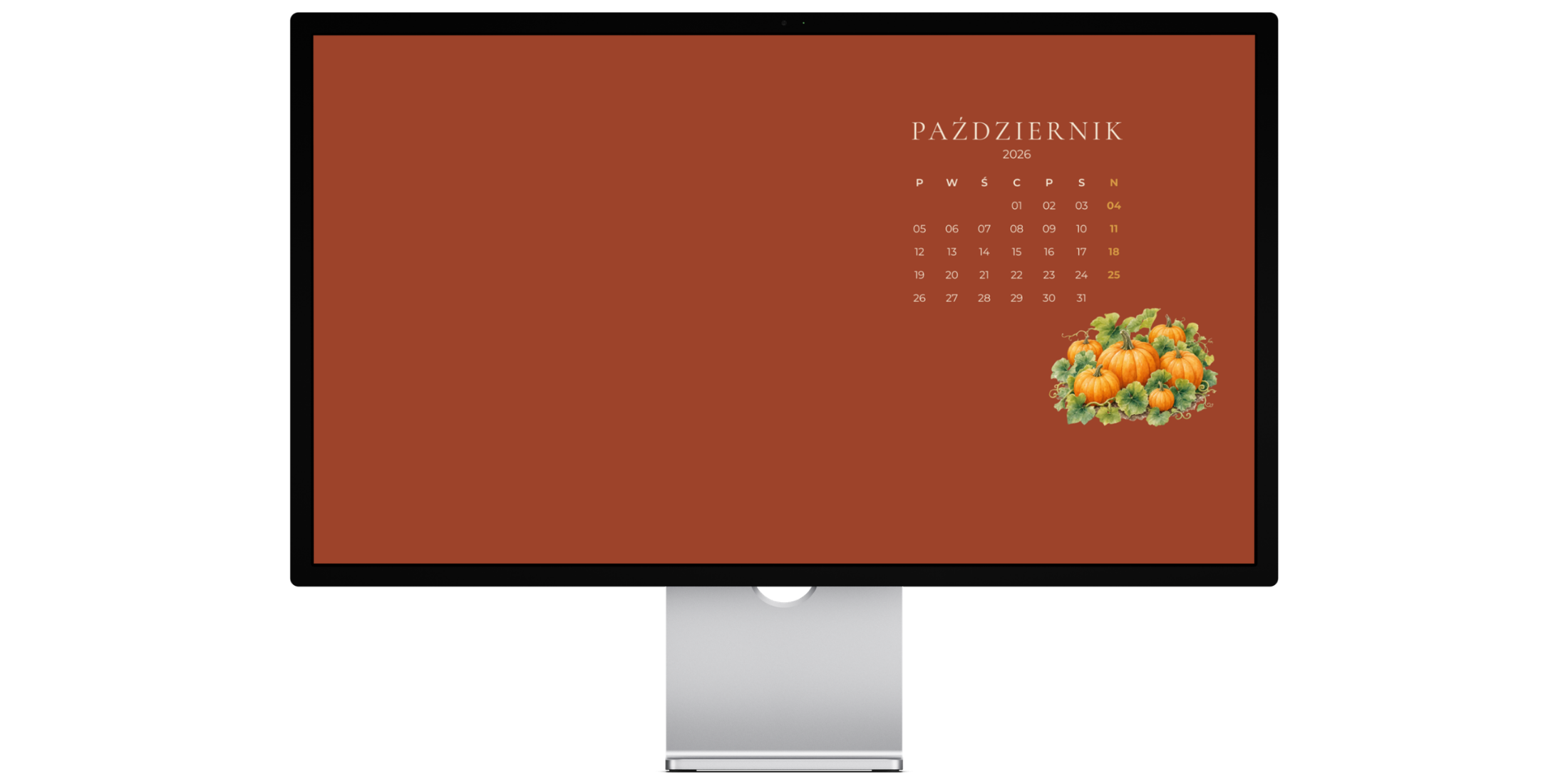 Darmowa tapeta na pulpit dynie z kalendarzem Canva - październik 2026 Darmowa tapeta na pulpit dynie z kalendarzem Canva - październik 2026
