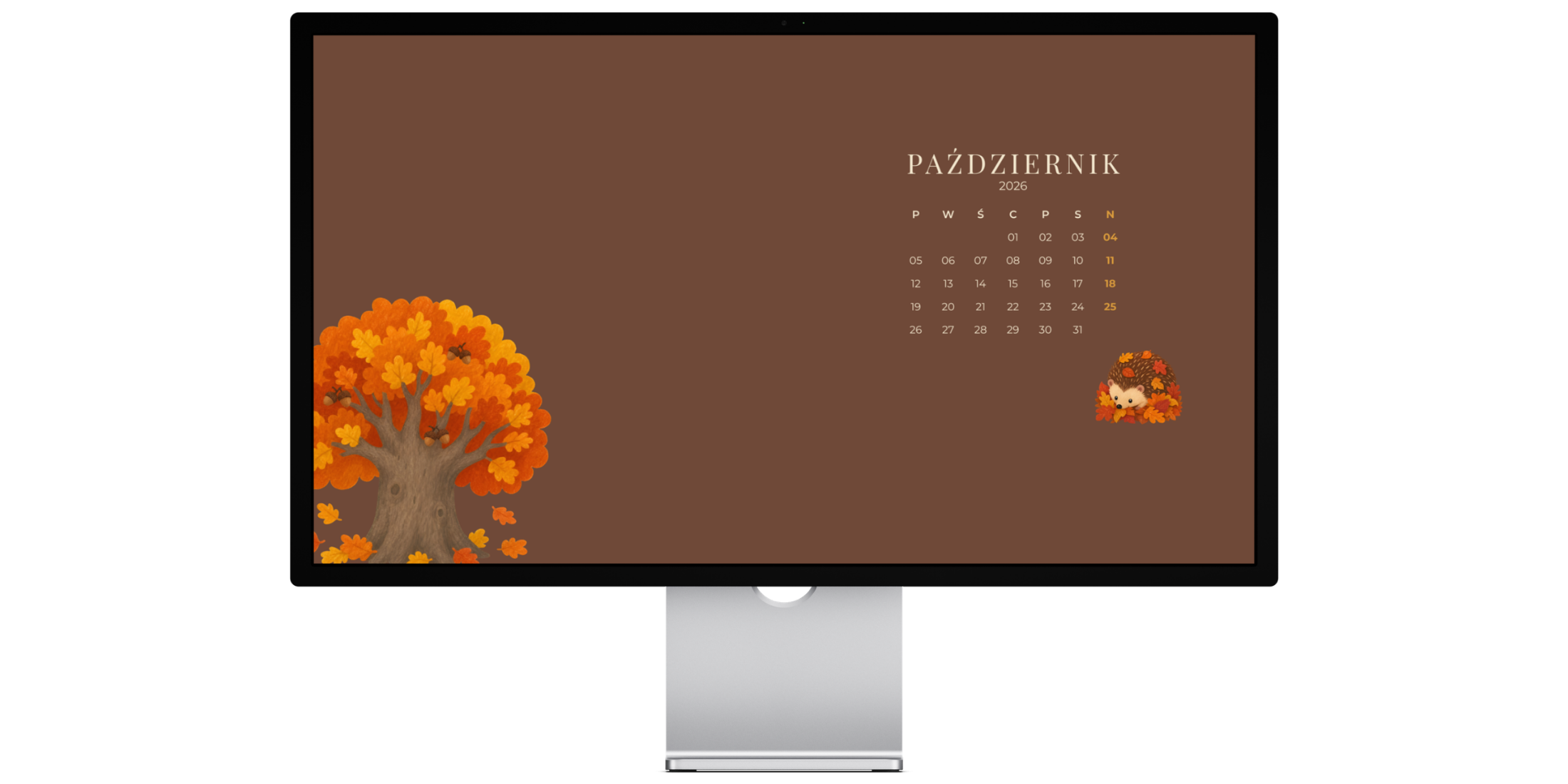 Darmowa tapeta na pulpit jeż z kalendarzem Canva - październik 2026 Darmowa tapeta na pulpit jeż z kalendarzem Canva - październik 2026