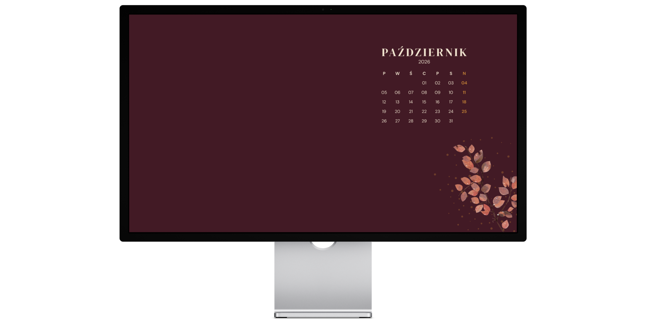Darmowa tapeta na pulpit liście z kalendarzem Canva - październik 2026 Darmowa tapeta na pulpit liście z kalendarzem Canva - październik 2026