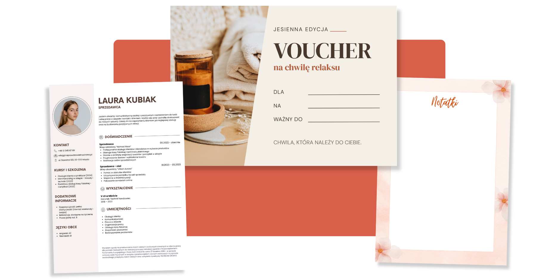 Przykładowe projekty Sylwia Design: szablon CV, voucher i notatnik Canva